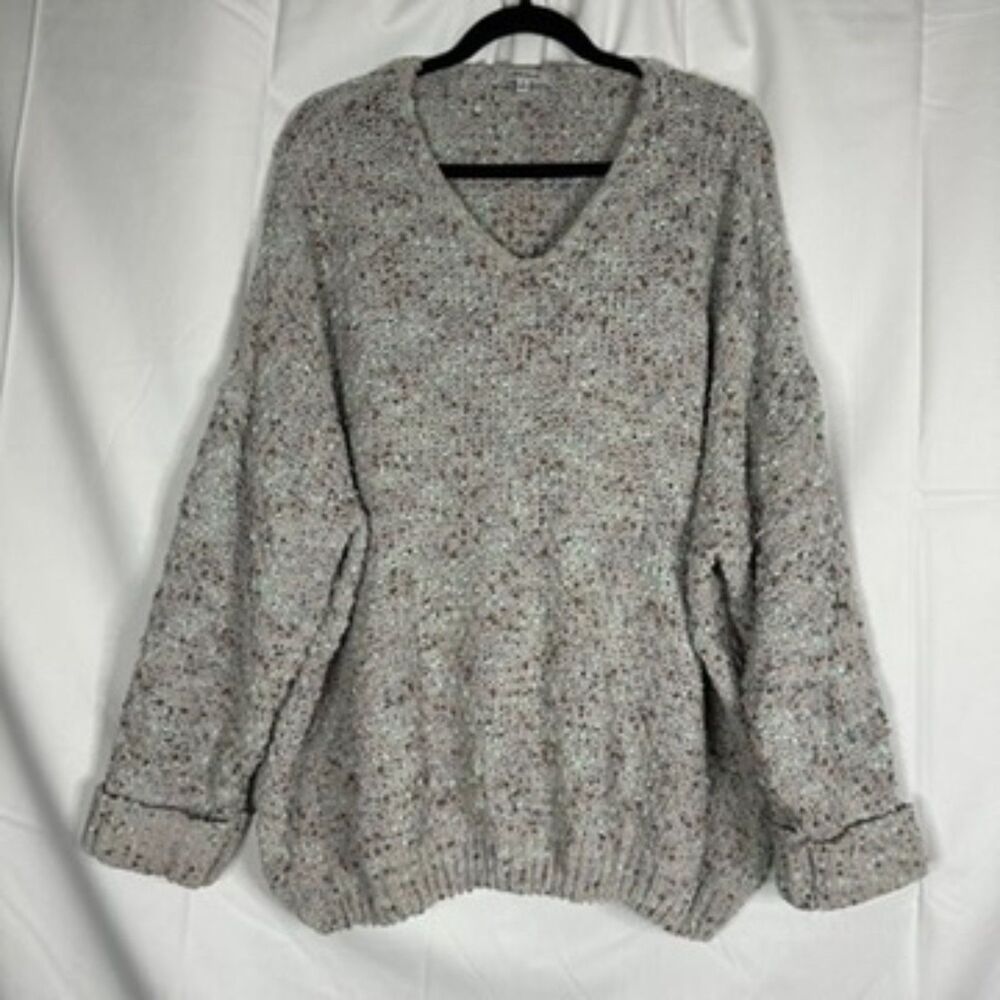 Confetti Knit Sweater Gray Multicolor Popcorn V-Neck Oversized Cozy Layering XL